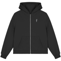 Schwarze Tracksuit Jacke mit modernem Streetwear-Schnitt, durchgehendem Reißverschluss und dezentem Branding auf der Brust. Sportlich mit klaren Linien, ideal für Alltag und Urban Style